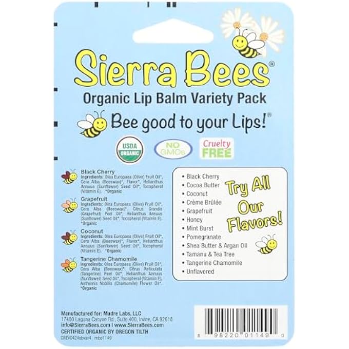 Sierra Bees عبوة متنوعة من بلسم الشفاه العضوي، 4 عبوات، 15 أونصة (4.25 غرام) لكل منها - Image 3